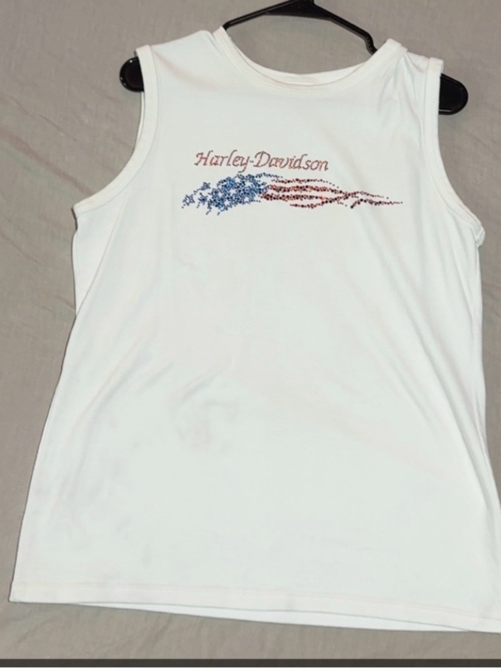 Harley-Davidson White Tank Top with Red and Blue Rhinestone Flag